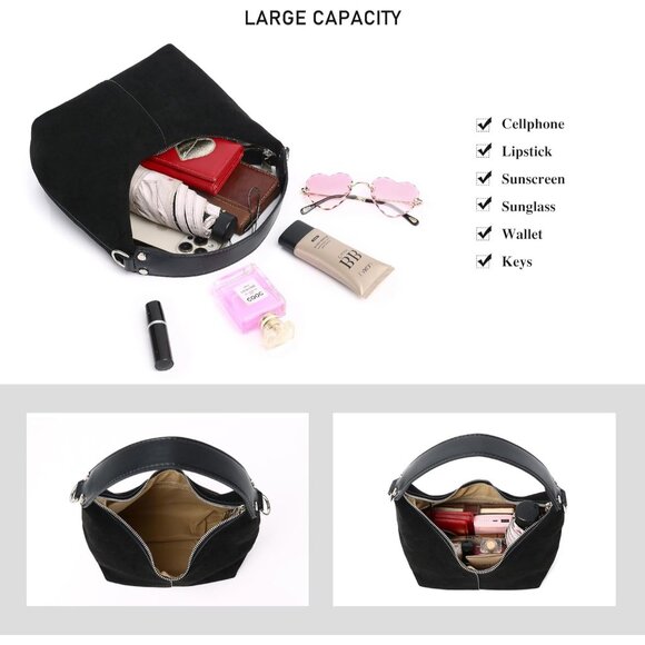 Chic Black Vegan Leather Crescent Hobo Shoulder Bag for Women with Detachable St - Picture 4 of 7